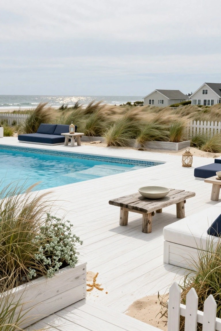 White wooden deck surrounding a rectangular blue-tiled pool, with low navy lounge seating, driftwood tables, woven lanterns, beach grass planters, and distant ocean dunes.