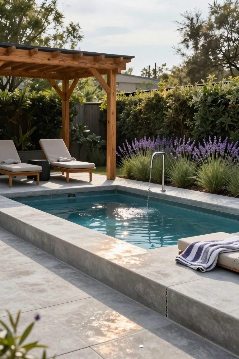 Small rectangular turquoise pool with water flowing from a wall spout, surrounded by wide gray concrete deck, two beige lounge chairs on wood frames under a wooden pergola, lavender plants and grasses along the edge.