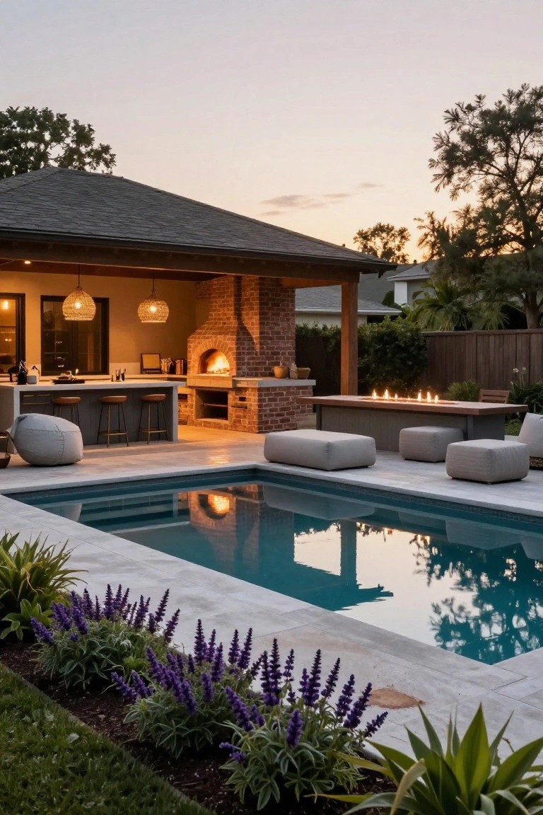 Outdoor covered kitchen area with brick pizza oven, bar counter with stools, fire table with pouf seating, and adjacent rectangular partial inground pool edged with lavender plants and tile decking at dusk.