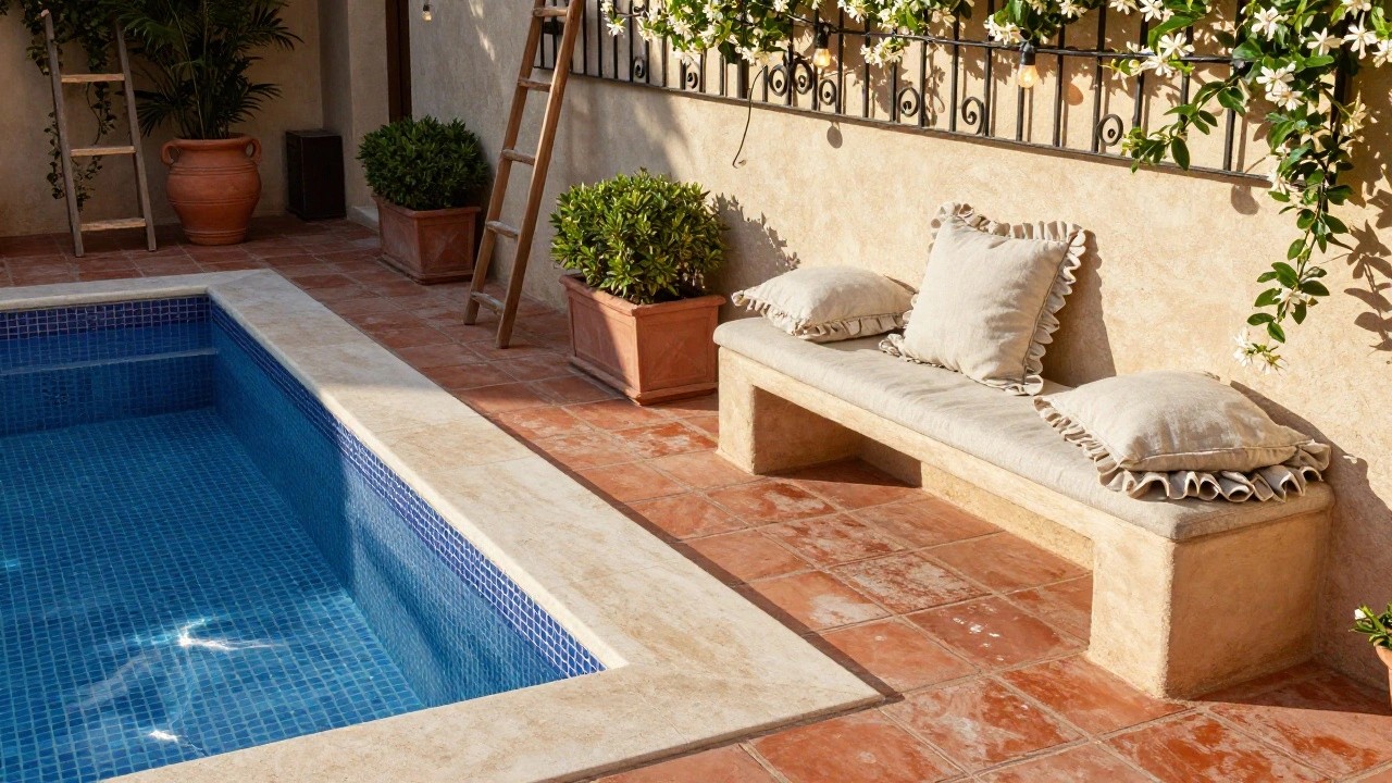 Partial inground pool edged in beige stone with a built-in cushioned bench seat between two terracotta pots and flanked by boxwood shrubs under a metal pergola covered in white jasmine flowers and string lights.