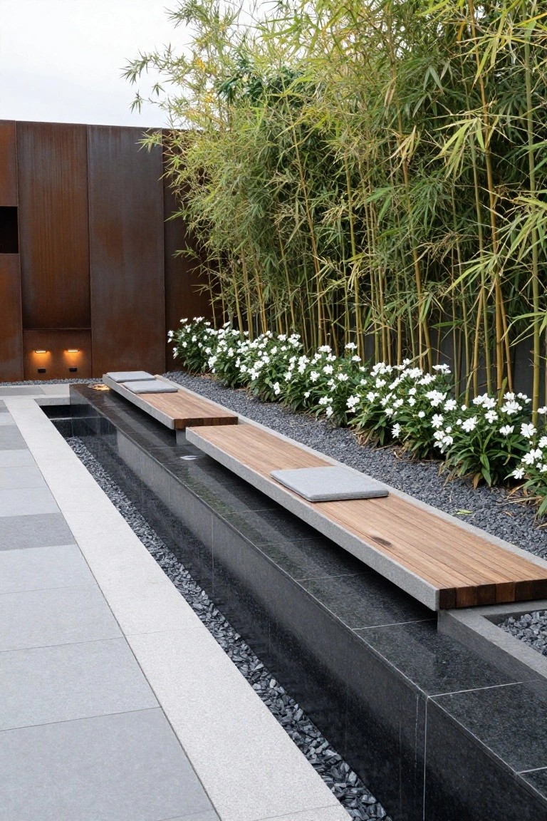 Narrow black stone-lined water channel with adjacent wooden benches on concrete edging, surrounded by gravel mulch, white flowering plants, tall bamboo screening, and a tall rusted metal wall on gray stone paving.