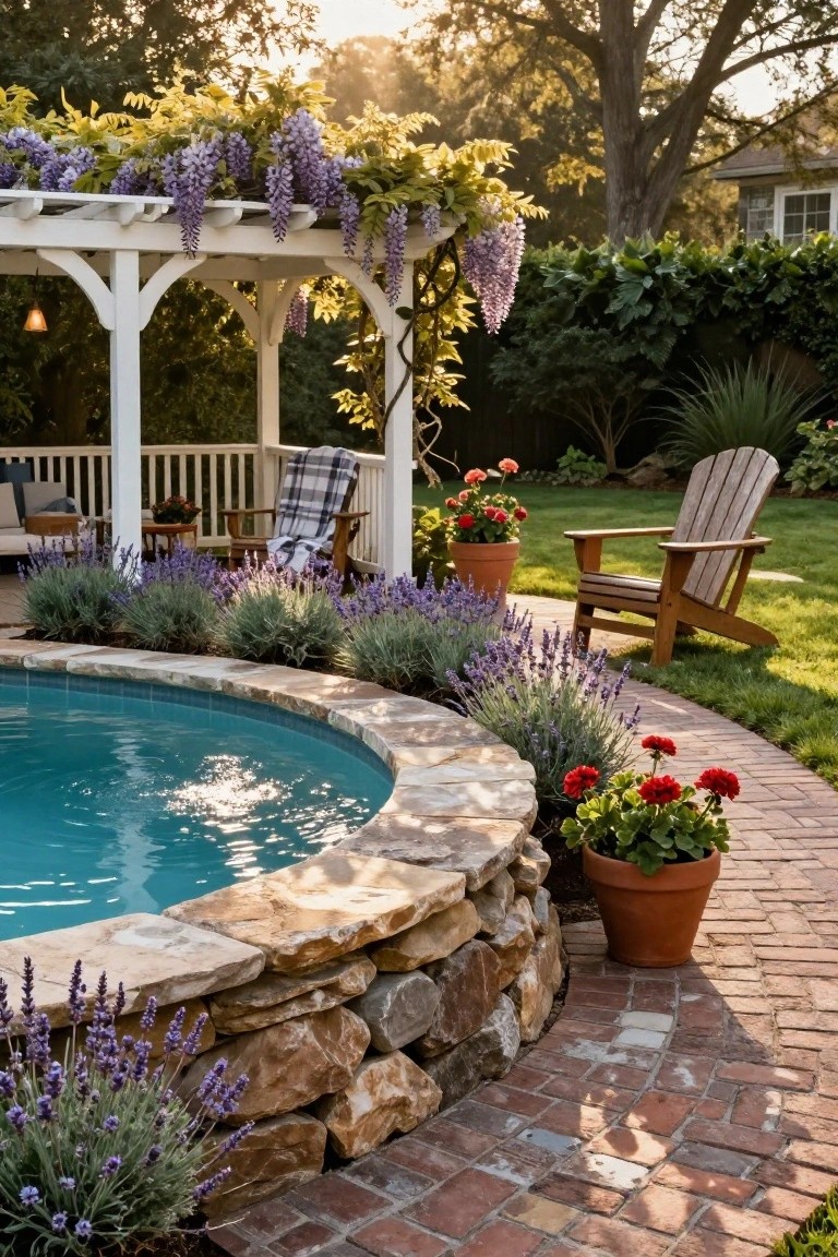 Curved partial inground pool with natural stone wall edging and lavender plantings along the edge, brick pathway nearby, Adirondack chair on grass, and white pergola covered in wisteria.