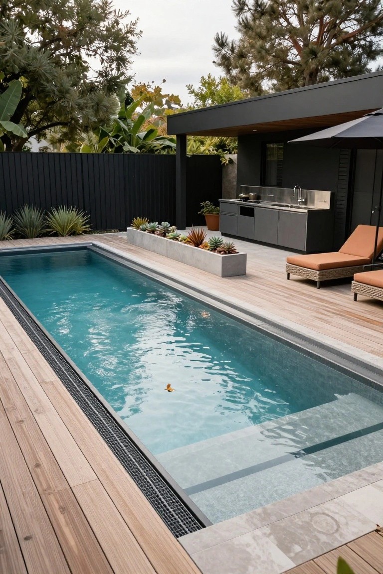 Narrow rectangular lap pool with turquoise water and steps at one end, surrounded by light wood decking, adjacent black outdoor kitchen with stainless sink, orange lounge chairs, concrete succulent planters, black fence, and trees in background.