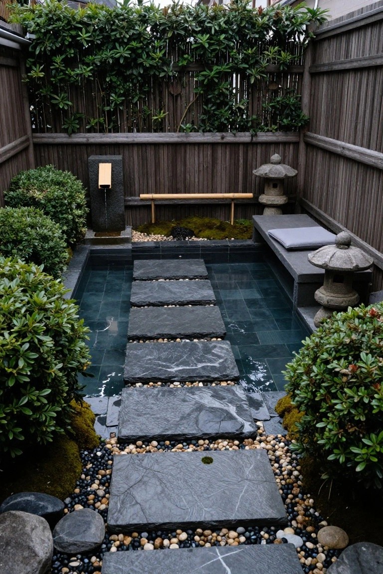 A narrow partial inground pool with dark slate stepping stones laid across the surface, surrounded by bamboo fencing, stone lanterns, boxwood shrubs, moss, pebbles, and a wooden bench in a Japanese-style courtyard.