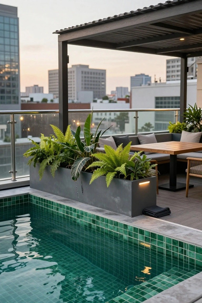 Rooftop terrace with a rectangular green mosaic-tiled partial inground pool at the edge next to a large gray planter box of ferns and tropical plants, wooden dining table, sofa, and chairs under a metal pergola structure overlooking city buildings.
