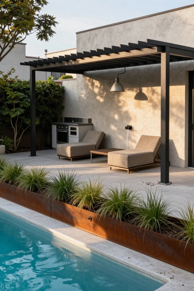 Black steel pergola shading two beige lounge chairs and a built-in outdoor kitchen on a light stone deck next to a turquoise partial inground pool edged by corten steel planters filled with tall grasses and low greenery.
