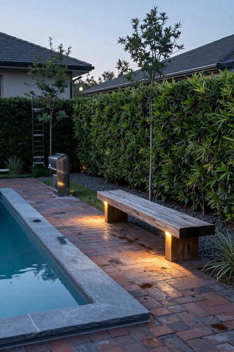 Wooden bench with integrated lighting at each end positioned on brick pavers next to a rectangular pool with stone edging, adjacent to a metal grill and surrounded by hedges and a young tree at dusk.