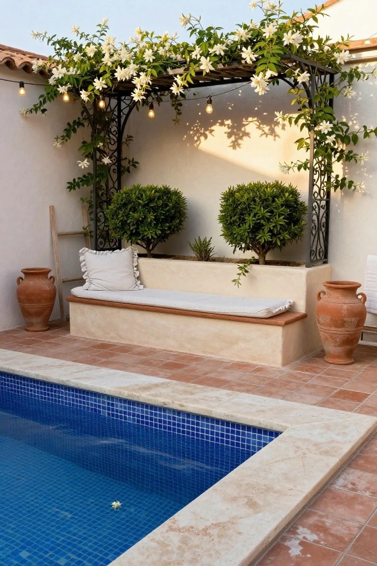 Partial inground pool edged in beige stone with a built-in cushioned bench seat between two terracotta pots and flanked by boxwood shrubs under a metal pergola covered in white jasmine flowers and string lights.
