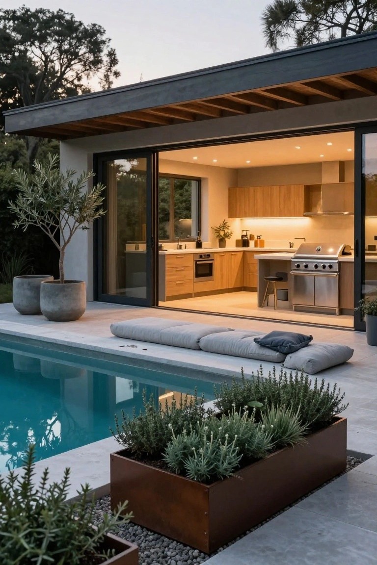 Modern patio with turquoise partial inground pool, long low gray daybed along the pool edge, sliding glass doors to indoor kitchen with oak cabinets and stainless grill, flanked by olive trees in concrete pots and metal planters with herbs.