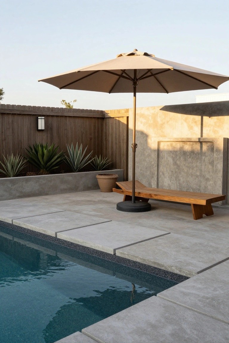 Beige cantilever umbrella over a wooden slatted lounger chair positioned next to a turquoise partial inground pool edge, with agave plants in a raised concrete planter bed and a wooden fence nearby.