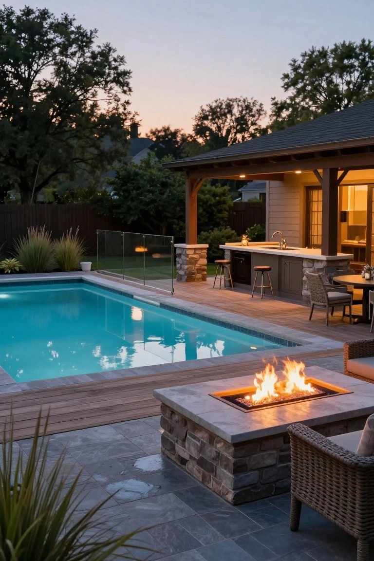 Backyard at dusk with turquoise partial inground pool edged by glass fence and wood deck, stone patio, built-in outdoor kitchen bar with stools, fire pit table, chairs, and surrounding trees and plants.