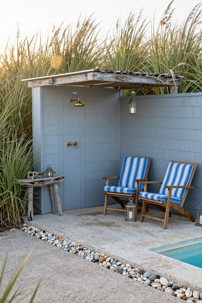 Rustic outdoor shower enclosure with gold showerhead and faucets on a gray tiled wall, flanked by blue striped chairs on a concrete patio beside a partial inground pool, surrounded by tall grasses and pebble borders.