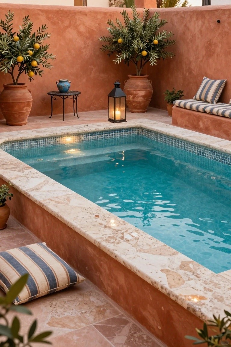 Small turquoise mosaic-tiled partial inground pool in a terracotta-walled courtyard with potted olive trees bearing lemons, terracotta pots, a small metal table with blue vase, striped cushions on built-in benches, and lit lanterns.