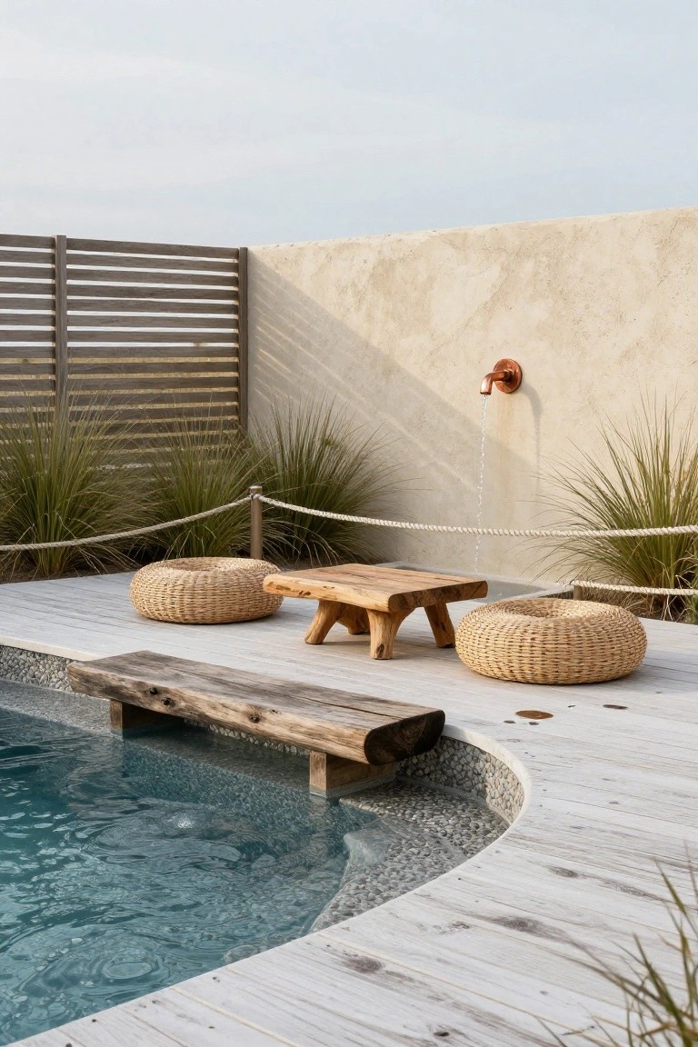Curved partial inground pool with pebble surround and blue water, wooden bench integrated at the edge on white decking, low wooden table with two woven round poufs, grasses, rope barrier, and outdoor shower faucet on beige wall.