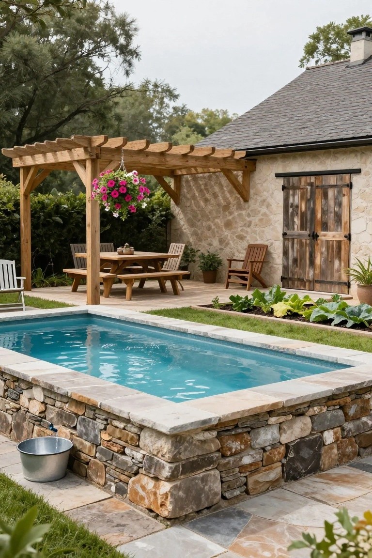 Rectangular turquoise partial inground pool with stacked natural stone walls, next to a wooden pergola shading a picnic table and chairs on a stone patio, with garden beds and a stone house wall nearby.