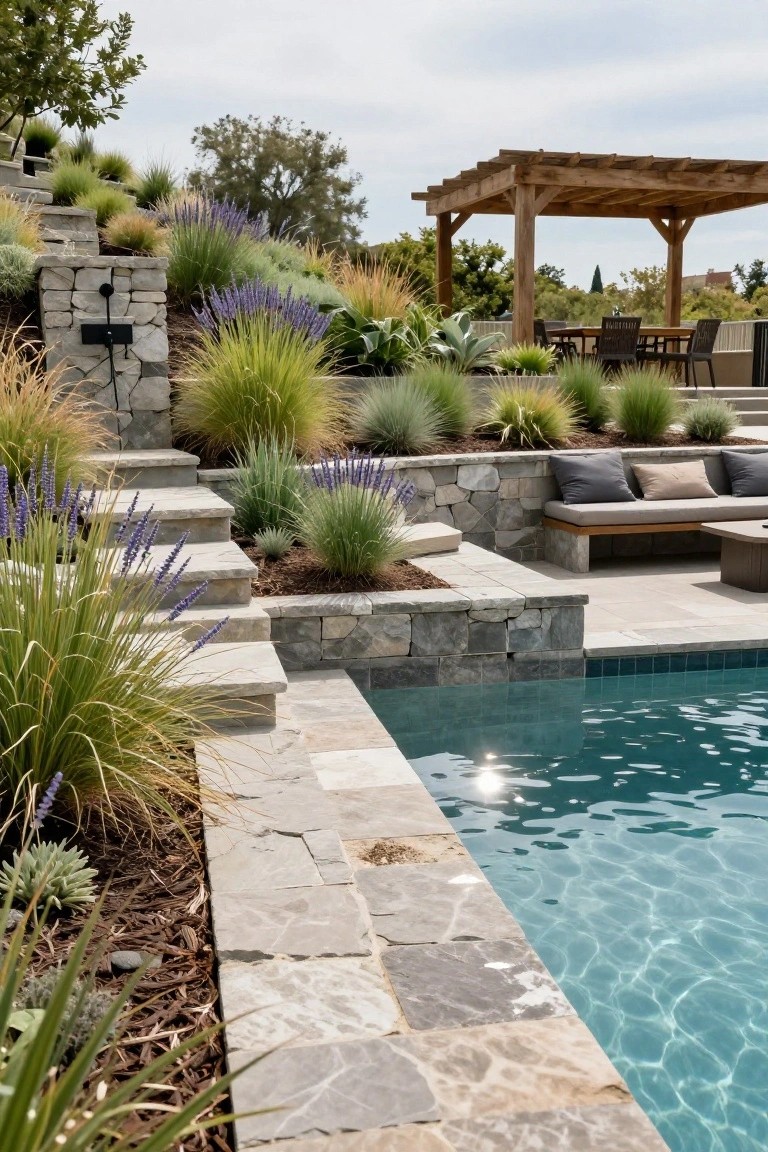 Gray stone steps and retaining walls along a turquoise partial inground pool edge, with ornamental grasses, lavender plants, agave, and a wooden pergola with seating in the background.