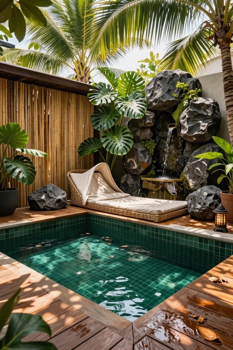 Small rectangular green-tiled inground pool surrounded by wooden decking, large rocks with a waterfall feature, tropical plants including monstera leaves, bamboo fencing, and a cushioned daybed lounger nearby.