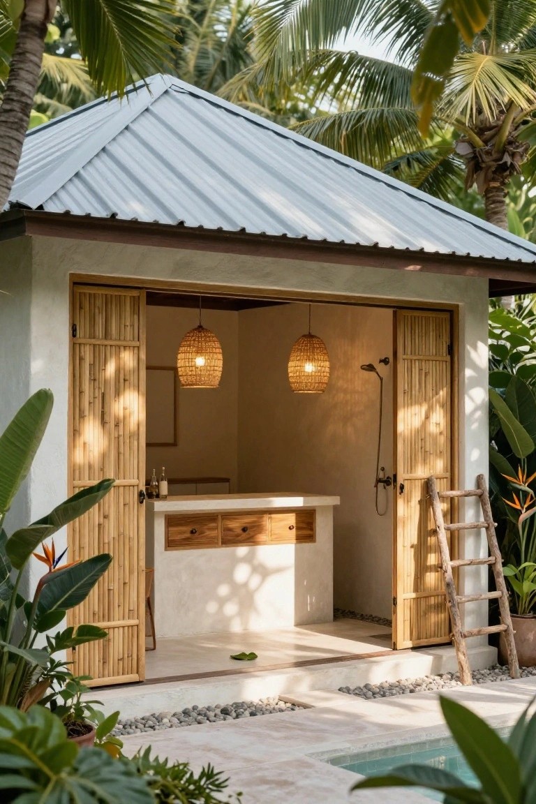 Open tropical pool house pavilion with gray metal roof, beige stucco walls, open bamboo sliding doors revealing an outdoor shower head, white counter with wooden drawers and bottles, wooden ladder, small turquoise pool, and surrounding palms and plants on pebble ground.