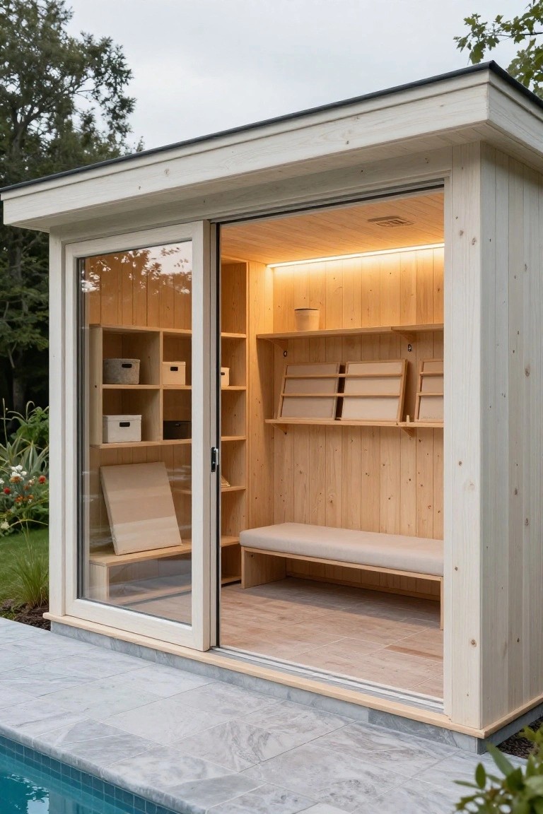 Small whitewashed wooden pool house with open glass sliding doors revealing interior shelves stocked with bins and a bench, positioned on a gray stone patio next to a blue swimming pool with garden plantings around.