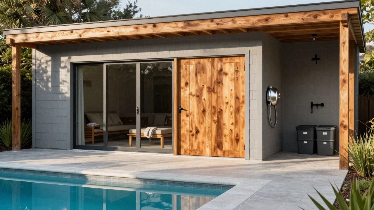 Shingle siding pool house exterior next to an infinity-edge pool, with sliding glass doors, wooden double doors, pergola roofline, wall-mounted cylindrical charger, wooden bench holding three gray storage cubbies and folded towels, and pool deck with grass plantings.