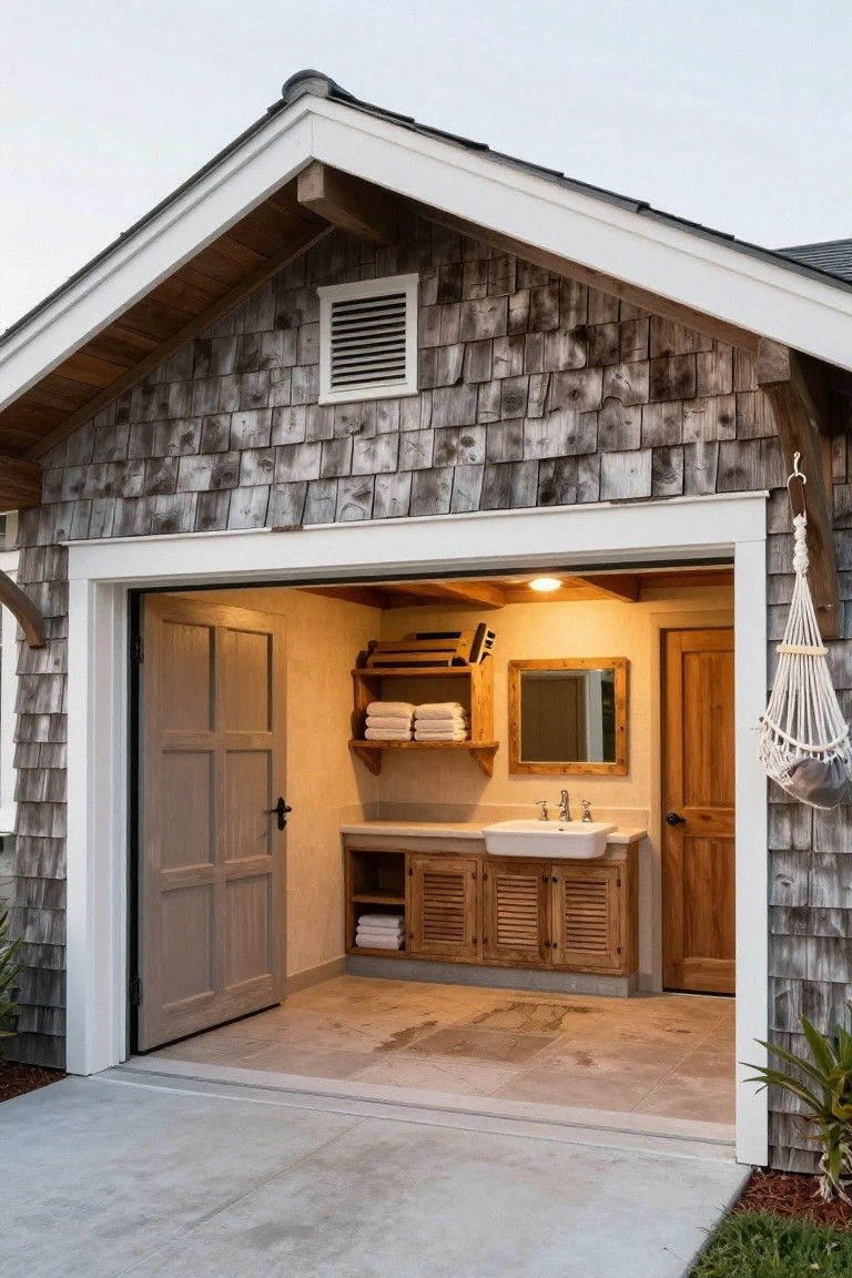 Open garage door on a shingle-clad building reveals an interior with wooden sink vanity, towel shelves, mirror, and hanging macrame planter, with plants and driveway outside.