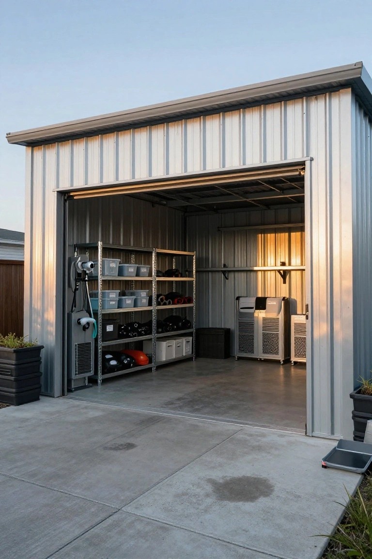 Silver corrugated metal shed garage with open roller door revealing interior metal shelving stocked with blue plastic bins, black helmets, orange helmet, equipment cabinets, and cooling units on concrete floor, EV charger on exterior wall, potted plants nearby.