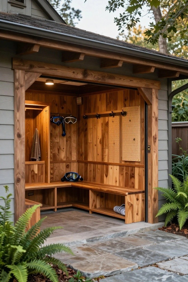 Open garage-style pool house with cedar wood interior, built-in L-shaped bench and cabinets, hooks holding snorkel masks and towels, pegboard wall, stone paver floor, flanked by ferns and adjacent to gray siding house exterior.