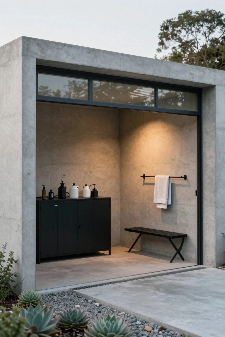 Open concrete enclosure for an outdoor shower featuring a black cabinet with bottles on top, a towel hanging on a wall rack, a wooden bench, and a view to gravel patio with agave plants.