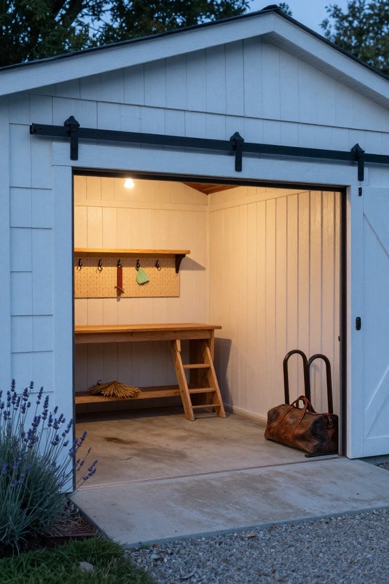Open door of a white shiplap garage revealing interior with wooden workbench, pegboard wall with hooks and green towel, step ladder, leather duffel bag on concrete floor, and lavender plants outside on gravel path.