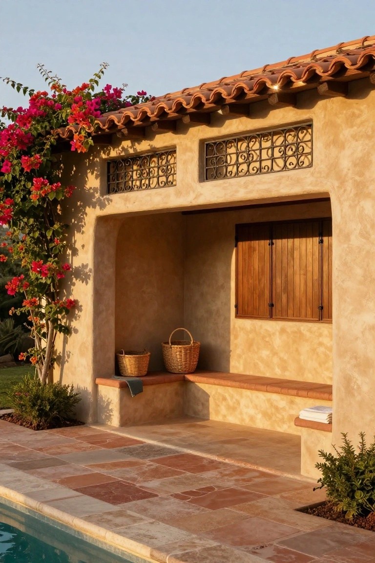 Stucco pool house exterior wall featuring an arched niche with wooden shutters, a built-in bench holding two woven baskets and folded towels, bougainvillea vines climbing nearby, terracotta tile patio, and swimming pool edge.
