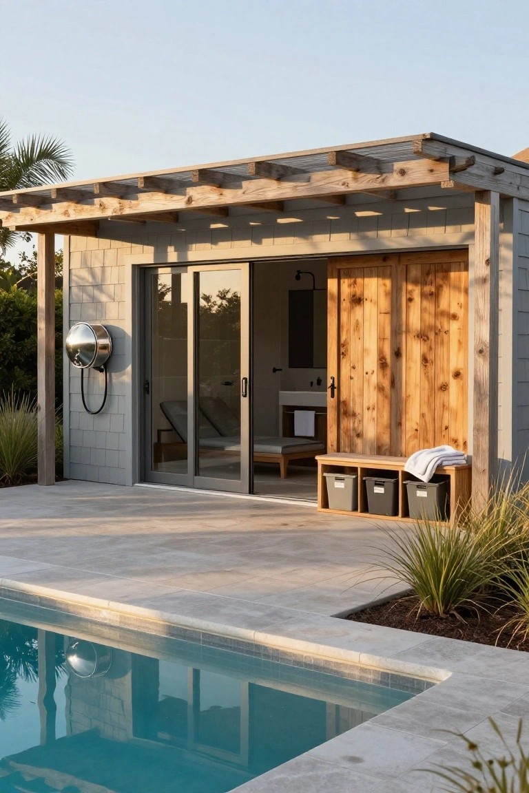 Shingle siding pool house exterior next to an infinity-edge pool, with sliding glass doors, wooden double doors, pergola roofline, wall-mounted cylindrical charger, wooden bench holding three gray storage cubbies and folded towels, and pool deck with grass plantings.