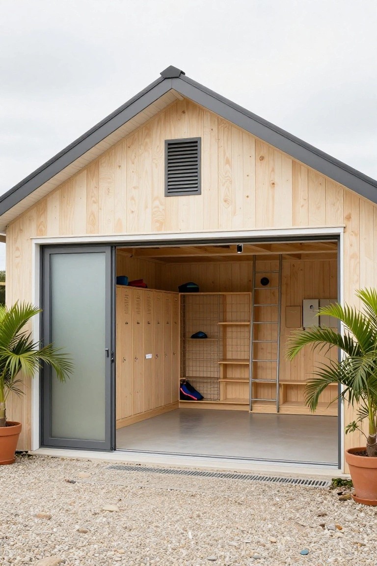 Wooden-clad pool house garage with open gray sliding door showing interior lockers, shelves, wire baskets, and metal ladder, potted palms on sides, gravel ground outside.