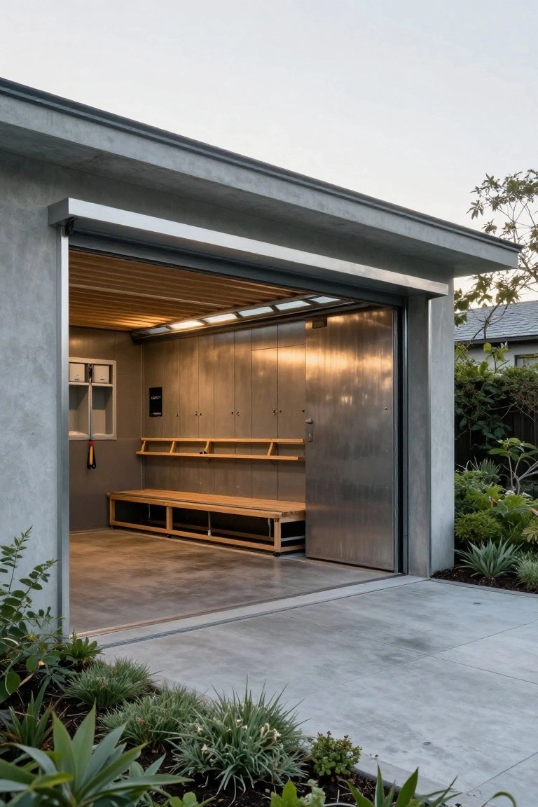 Open modern garage door revealing interior metal lockers, wooden benches on a concrete floor, surrounded by low plants and agave in a driveway setting.
