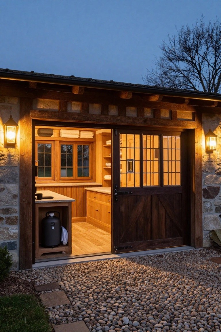 Rustic stone and timber pool house garage at dusk with open wooden sliding barn doors revealing interior wood-paneled space with shelves holding towels, counter, cabinets, and a black hot tub heater tank outside on gravel path.