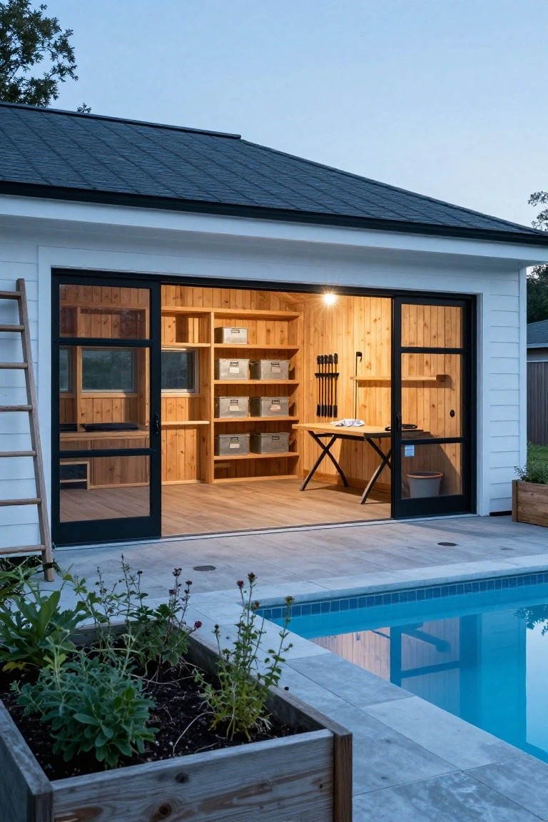 White pool house with open black-framed sliding glass doors revealing light wood interior walls, tall shelving units with metal bins, a workbench, and tools, positioned next to a blue swimming pool on a tiled deck with wooden planter boxes containing plants at dusk.