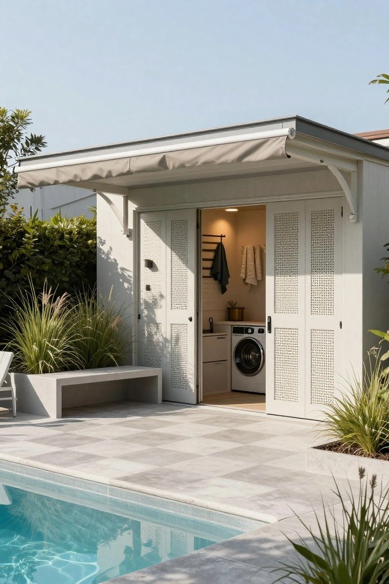 White pool house with open louvered double doors revealing washer, dryer, cabinets, and hanging towels inside, positioned beside a turquoise swimming pool on gray tiled patio surrounded by grasses and plants.