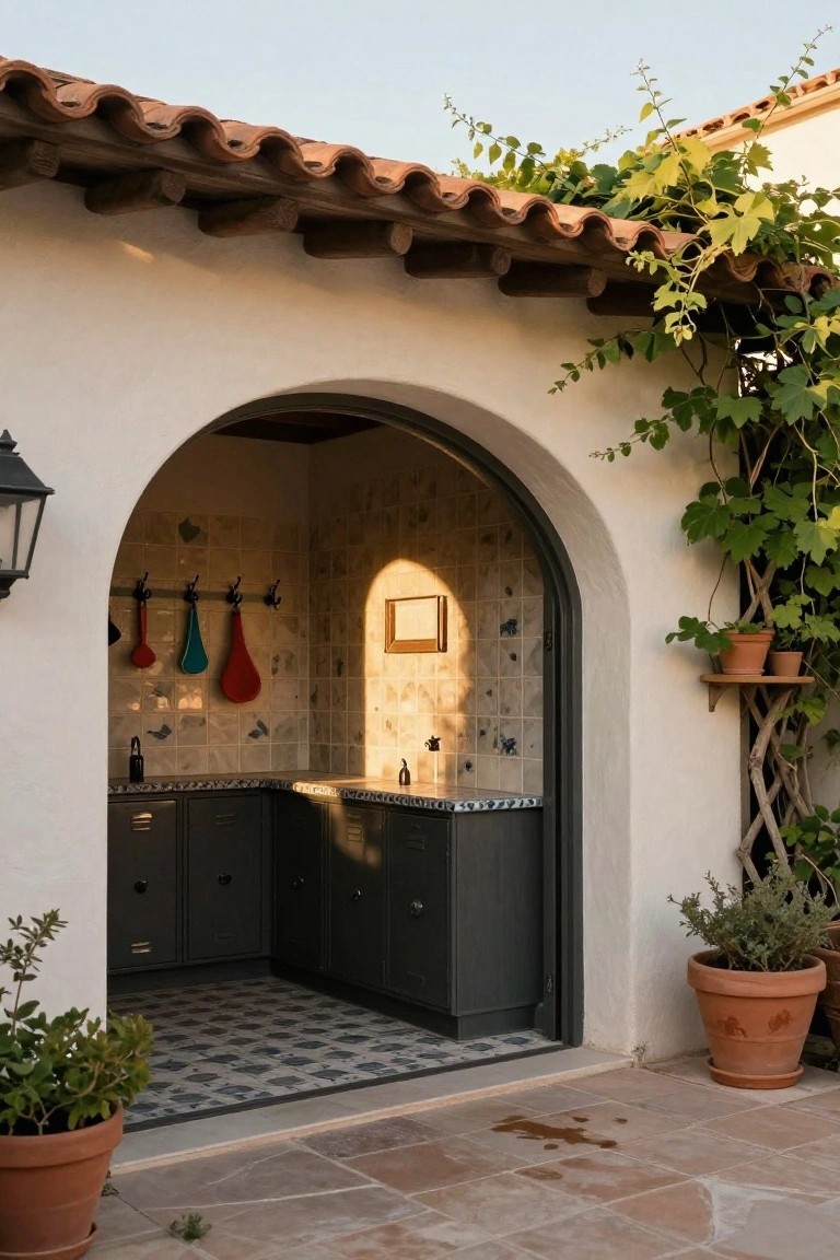 Arched outdoor doorway opens to a small kitchen area with dark metal cabinets, checkered tile floor, colorful hanging utensils on hooks, tiled walls, a sink, and potted plants on a terracotta patio.