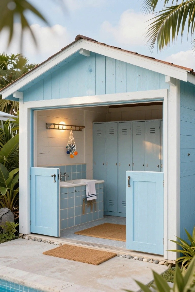 Light blue wooden pool house with open wide blue double doors revealing gray metal lockers, blue tiled sink area, and hanging net decor, positioned beside a swimming pool with tropical plants and pebble border.