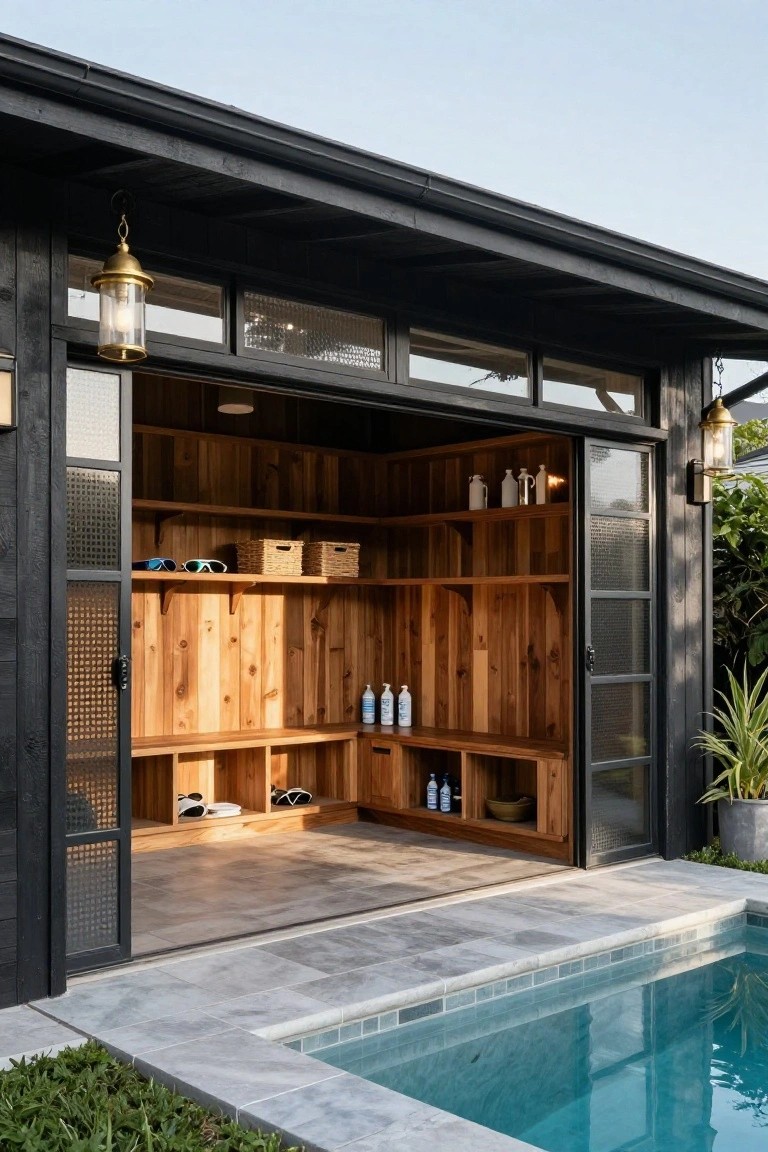 Black-framed open doors of a poolside wooden cabana reveal cedar shelving with towels, bottles, sunglasses, and baskets stored inside, next to a small turquoise pool on a gray tiled deck surrounded by plants.