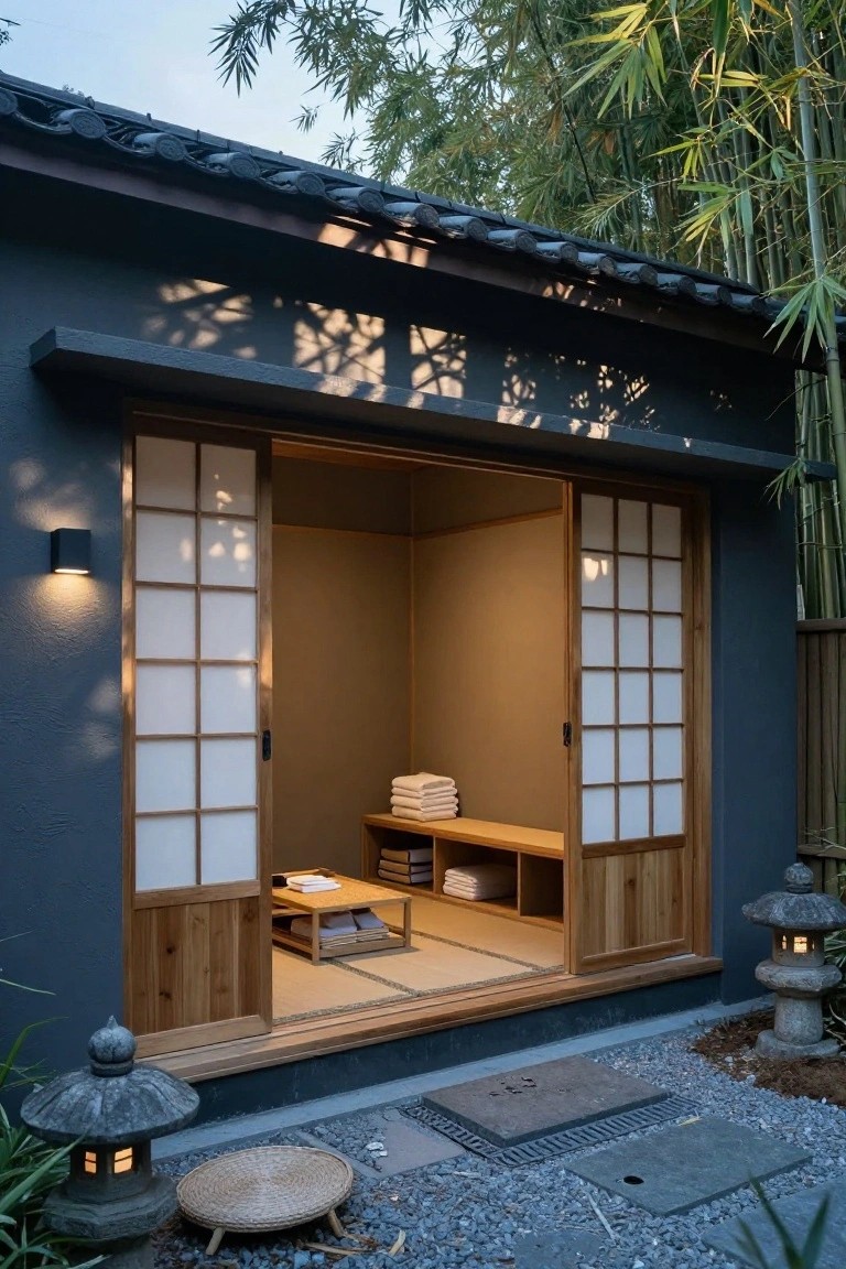 Dark gray exterior of a small Japanese-style building with open white lattice sliding doors revealing an interior room with tatami mats, low wooden table, benches, and shelves holding folded white towels, flanked by stone lanterns, bamboo plants, and a gravel path.