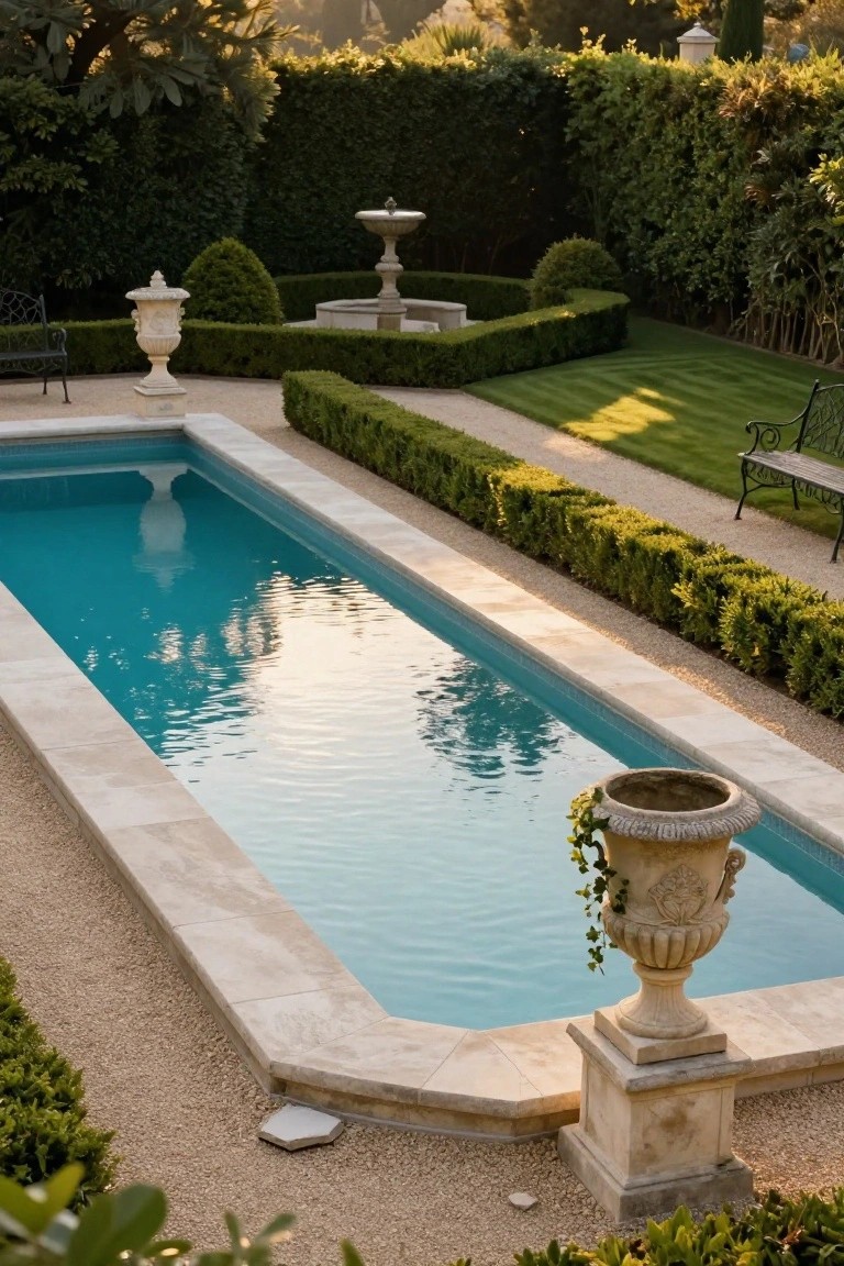 Rectangular turquoise pool with travertine surround, flanked by low boxwood hedges on both sides, stone urns, benches, and a fountain in a formal garden.
