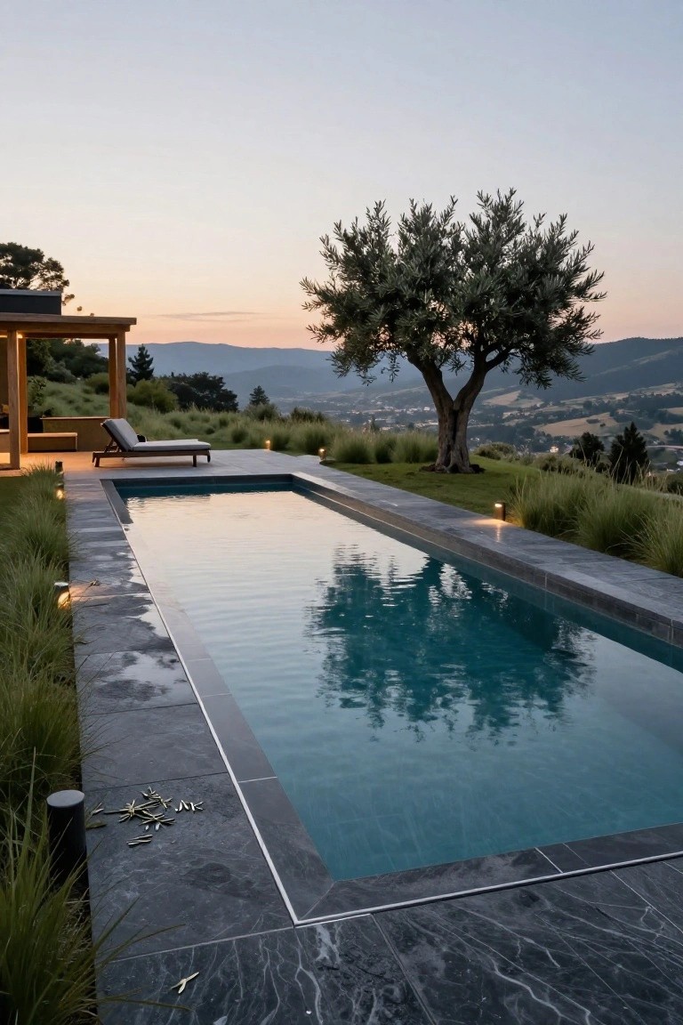 Rectangular swimming pool with dark stone decking and edging, tall grasses along the sides, a lounge chair on the deck nearby, an olive tree to the right, and hillside landscape at dusk.