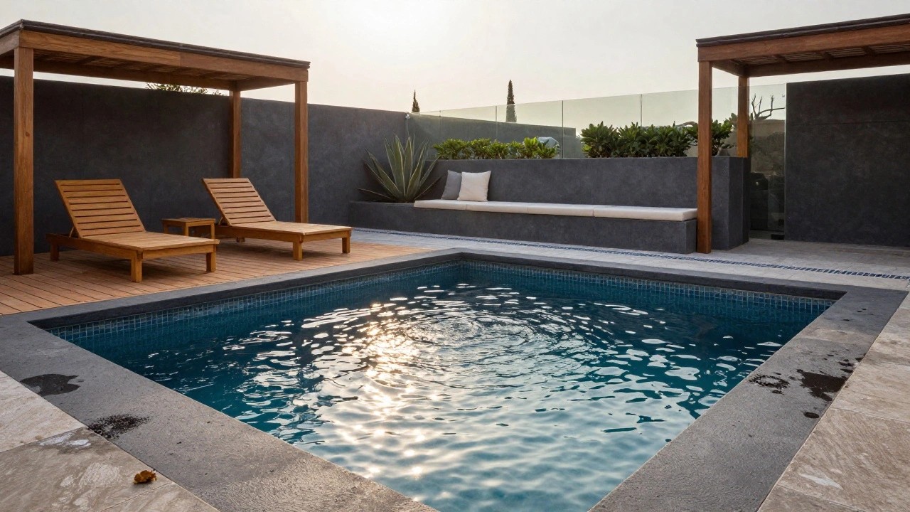 Rectangular swimming pool with adjacent light wooden deck holding white cushions, agave plants, lounge chairs nearby, hedges, and a small wooden structure in a backyard at sunset.