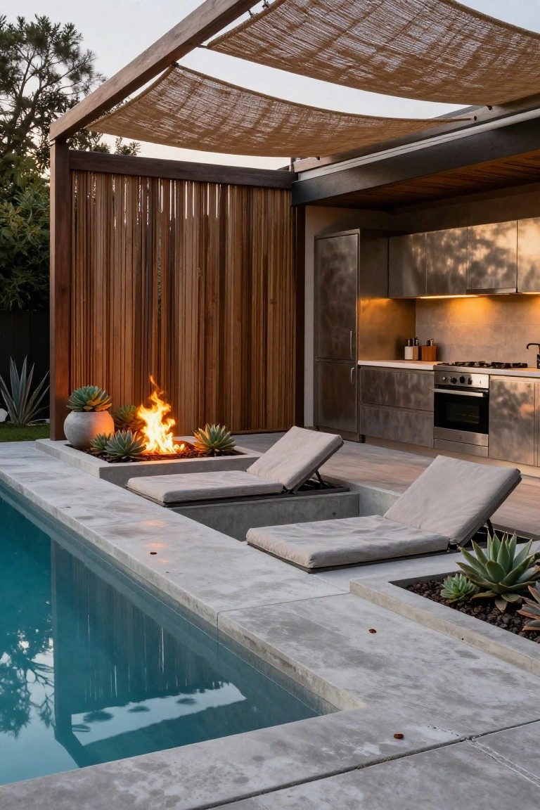Rectangular swimming pool with built-in concrete loungers surrounding a linear gas fire pit planted with succulents, next to an outdoor kitchen with stainless steel appliances, wooden screens, and a shaded pergola structure.
