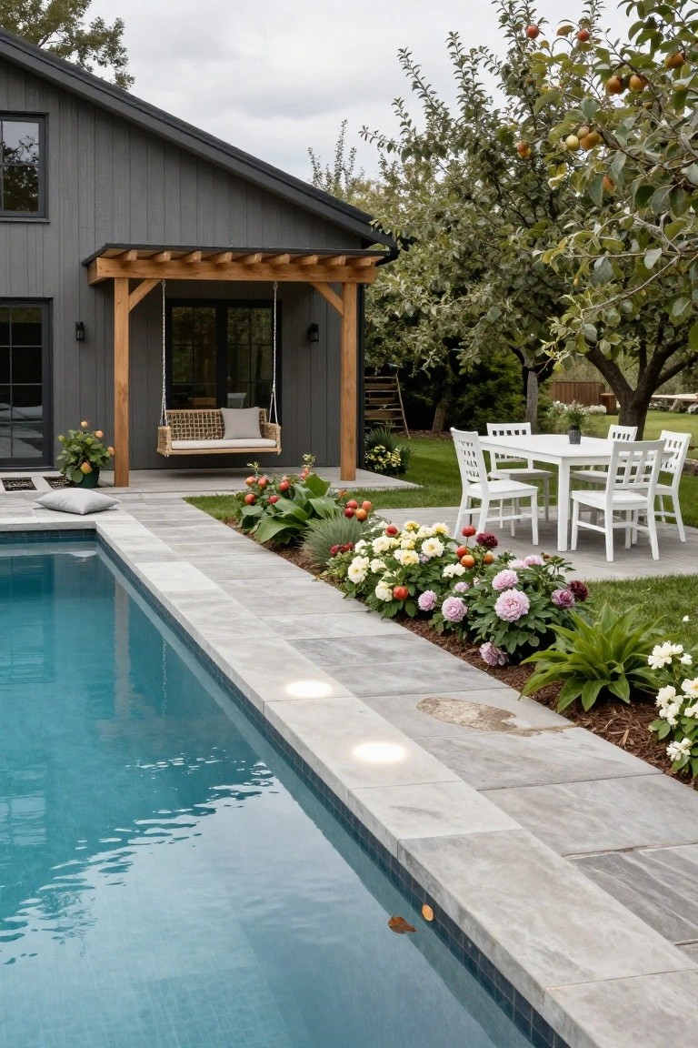 Gray-shingled modern house with pergola and hanging swing adjacent to a rectangular blue swimming pool edged in light gray stone pavers, white dining table on grass nearby, and colorful flower beds along the poolside.