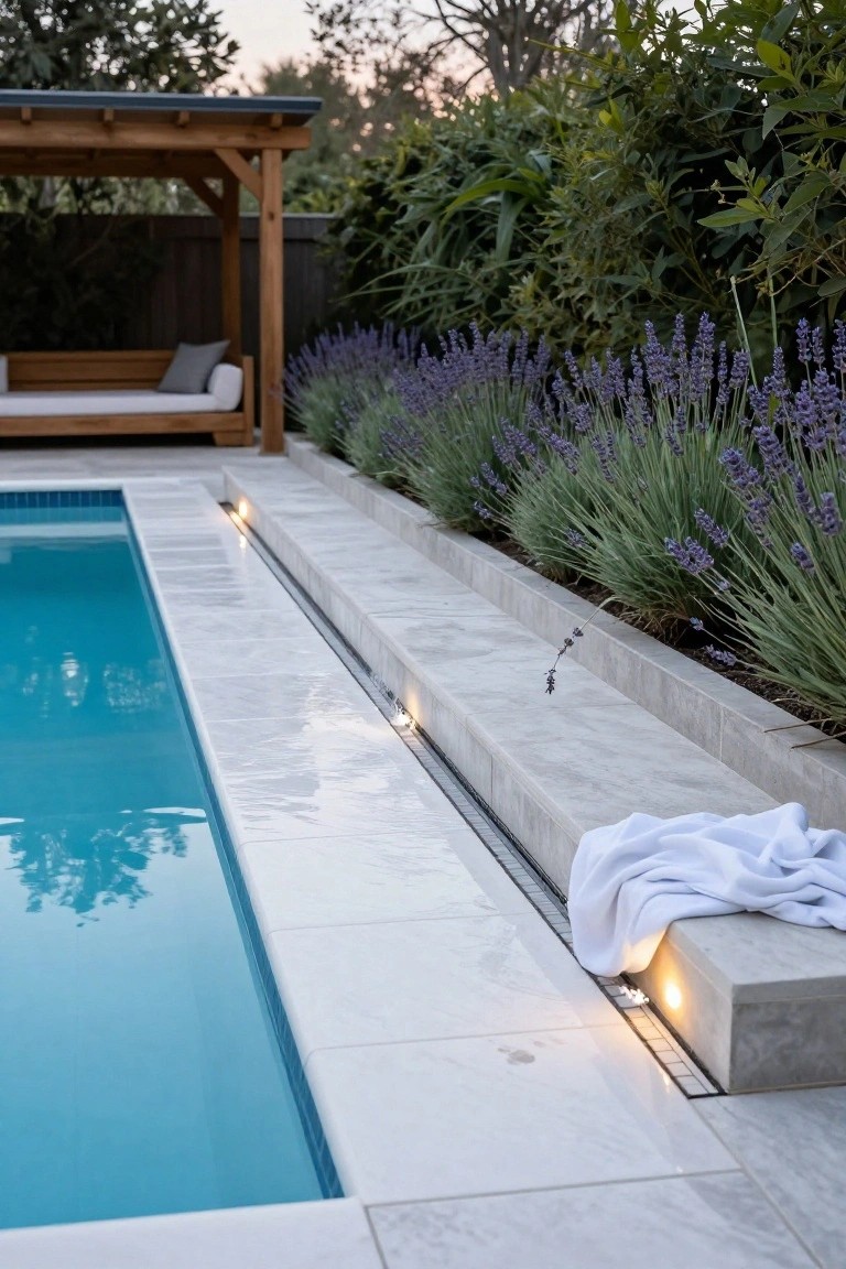 Rectangular blue swimming pool with white tiled edge, linear channel drain, embedded uplights, adjacent concrete raised beds planted with lavender and grasses, and a wooden pergola with cushioned bench in the background.