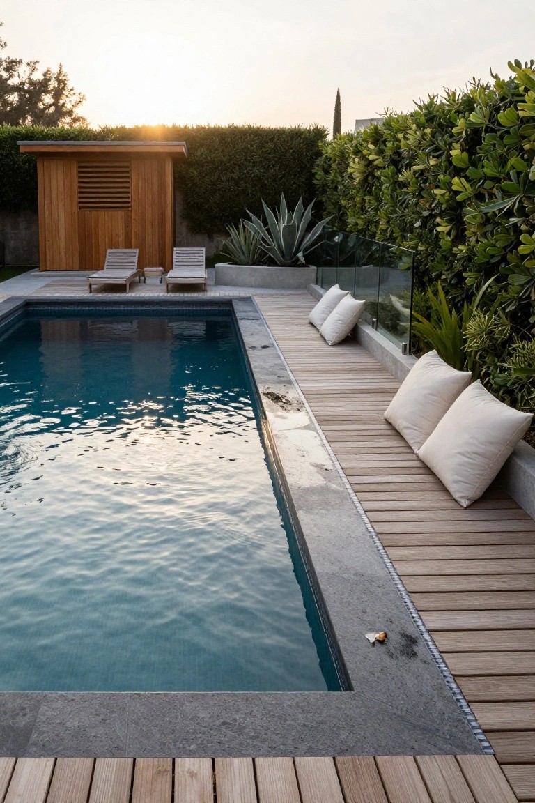 Rectangular swimming pool with adjacent light wooden deck holding white cushions, agave plants, lounge chairs nearby, hedges, and a small wooden structure in a backyard at sunset.