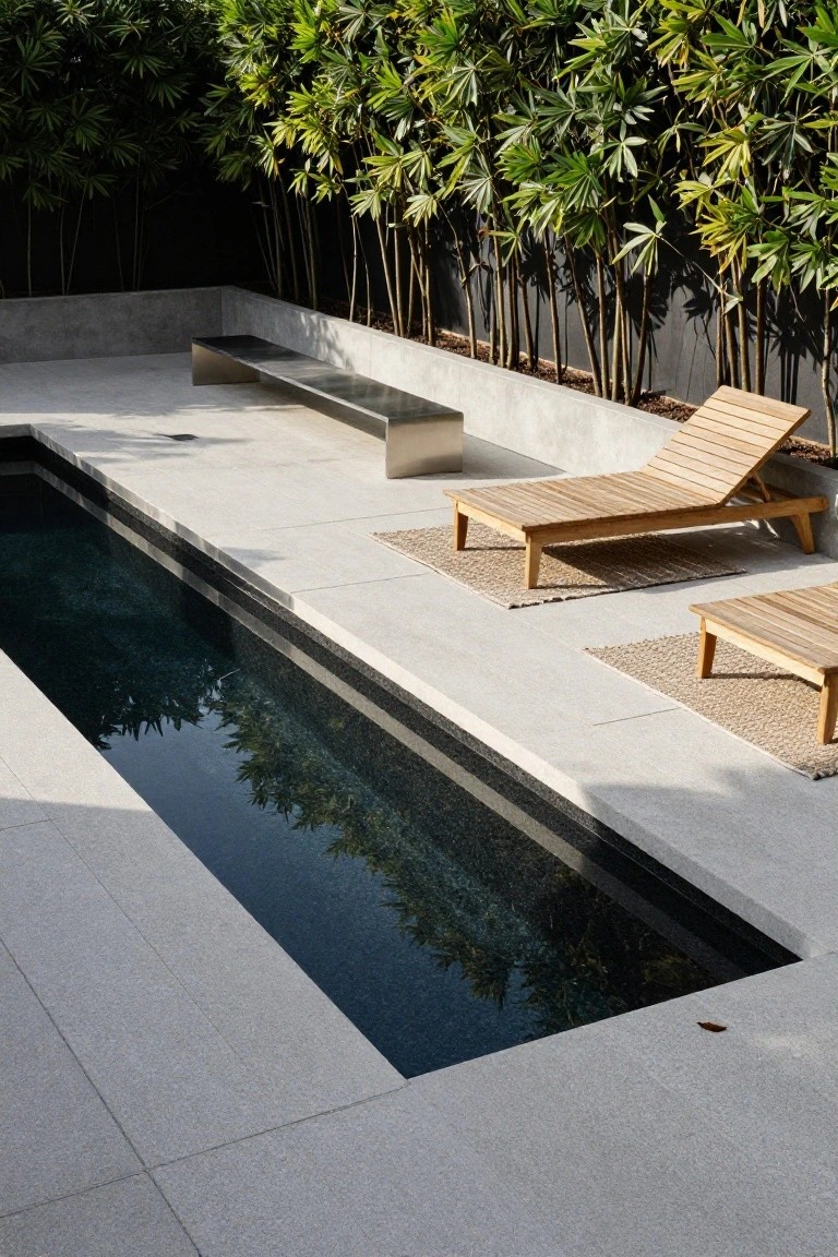 Narrow rectangular pool embedded in light gray concrete decking flanked by bamboo plants, with teakwood loungers on rugs, a metal bench nearby, and reflections in the water.