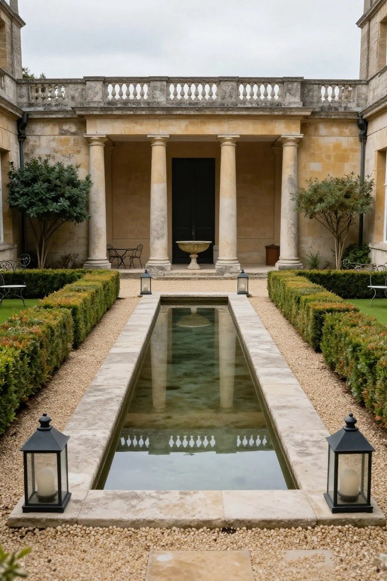 Long narrow rectangular reflecting pool centered in a stone courtyard with boxwood hedges, gravel paths on both sides, stone lanterns at the ends, and classical columns with portico in the background.