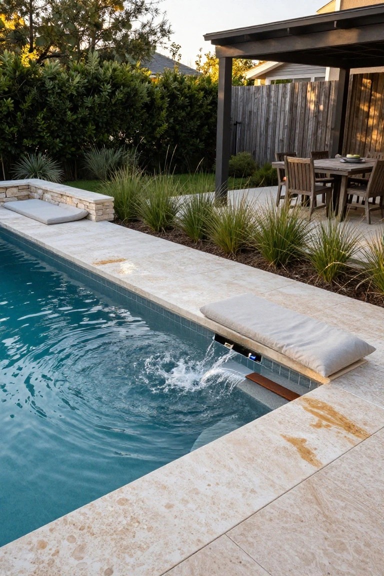Rectangular swimming pool with built-in bench seating along the edge featuring gray cushions, a spillover water feature at one end, travertine decking, ornamental grasses, and a wooden outdoor dining table nearby.